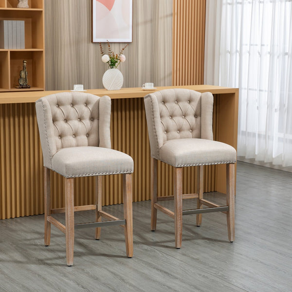English Elm HOMCOM 26.75" Counter Height Bar Stools Set of 2 Beige Linen Cushioned Seats Solid Wood Legs, 264 lb W2225P173997