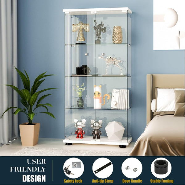 English Elm Glass Display Cabinet Four Shelf Lockable Tempered Doors with Led Lights White Finish W1192P354029