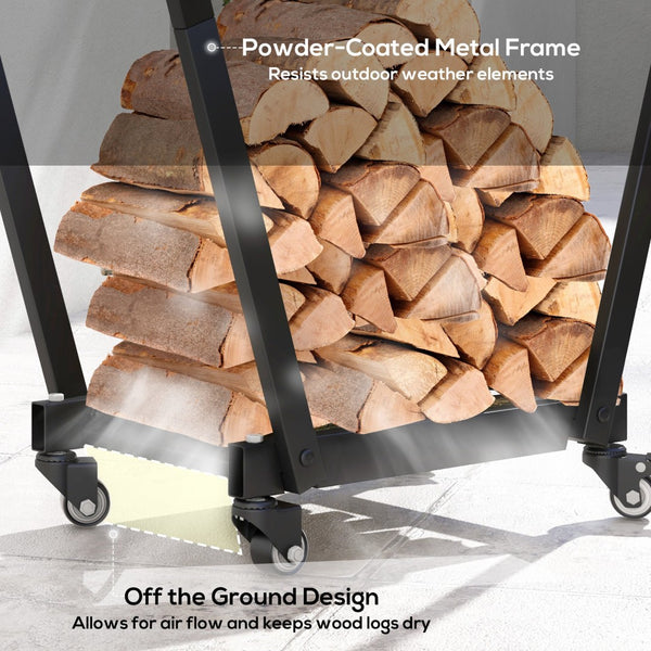 English Elm Outsunny 31" Portable Firewood Rack With Swivel Casters, Hooks & Sturdy Design For Indoor/Outdoor Use W2225P249990-GIGA