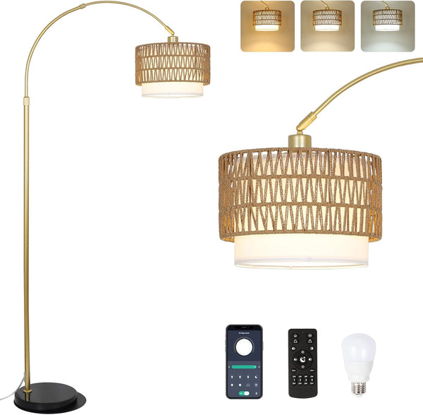 English Elm Arc Rattan Arc Floor Lamp with Remote & Dimmable LED, Height Adjustable, Boho Farmhouse Glow Brown+Gold W2738P227439