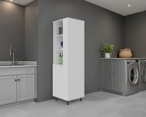English Elm Aleneva Slim White Broom Cabinet with Open Shelves and Drawer for Utility Rooms B097S00269