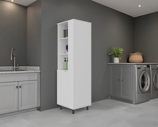 English Elm Aleneva Slim White Broom Cabinet with Open Shelves and Drawer for Utility Rooms B097S00269