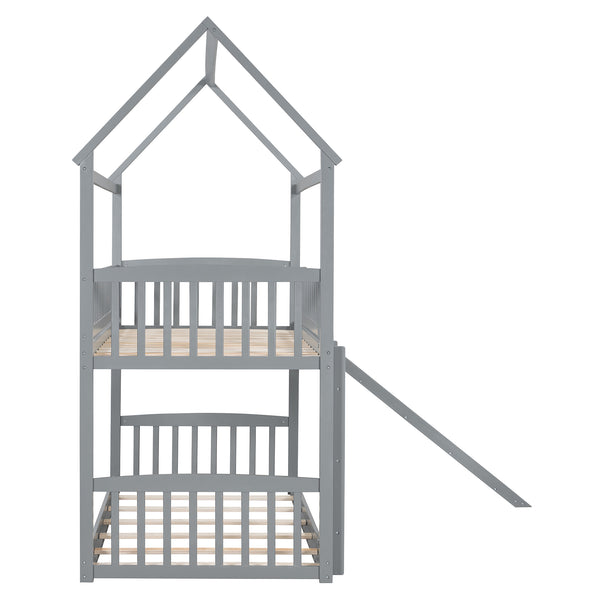 English Elm Twin Over Solid Wood House Bunk Bed with Built-in Slide and Gray Finish LT100213AAE-1