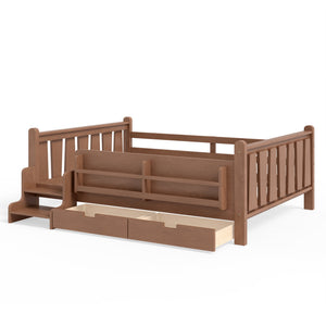 English Elm Twin Kids Platform Bed with Trundle Staircase Bookshelf and Rounded Safety Rails Natural W1580S00540