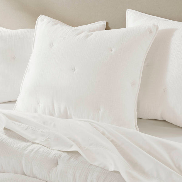 JLA Home Harbor House Blue - Cotton breathable muslin Euro sham with crinkled gauze and delicate embroidery for cozy layered style White HH11-1893