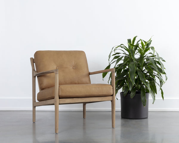 Sunpan Gilmore Lounge Chair - Bold Mid-Century Design with Solid Oak Frame and Luxurious Leather Seatback Light Oak / Sahara Camel Leather