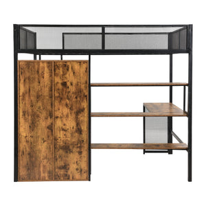English Elm Full Full Size Metal Loft Bed with Built-In Desk, Wardrobe & Shelves in Black — Space-Saving, Sturdy Design (Fits 6" Mattress) GX001134AAB