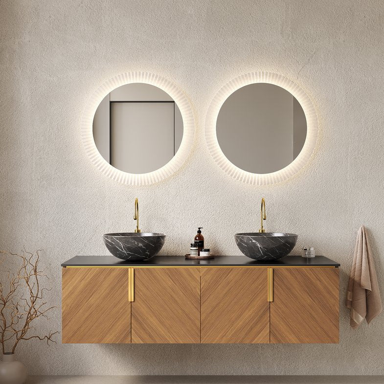 English Elm ARAI 60" Bathroom Vanity with Dual Ceramic Vessel Sinks, Sintered Stone Top, Plywood Storage Cabinet with Soft-Close Doors and Brushed Gold Handles Black,Brown Oak W2615S00262