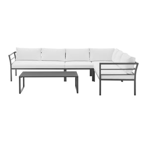 English Elm Sunnyside Outdoor 5-Piece Conversation Set Seats 6 with Waterproof Cushions, UV-Resistant Steel Frame and Slatted Coffee Table White B365S00105
