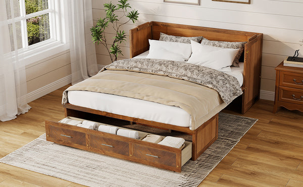 English Elm Queen Murphy Cabinet Bed Pine Wood Geometric Panels Usb Charging Guest Room Storage W504S00303