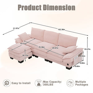 English Elm Sectional Cloud Sofa Modular Deep Seat Corduroy Upholstered Living Room Couch with Storage Pink W395S00131