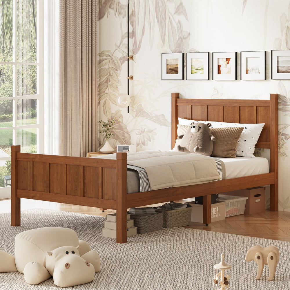 English Elm Twin Platform Bed Vertical Slat Headboard Farmhouse Shaker Wood Grain Finish Bedroom Walnut N733P422478D