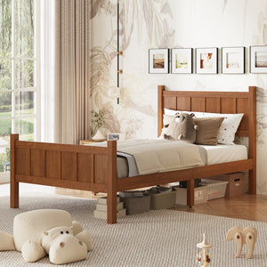 English Elm Twin Platform Bed Vertical Slat Headboard Farmhouse Shaker Wood Grain Finish Bedroom Walnut N733P422478D