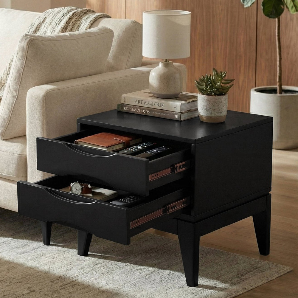English Elm Harper Solid Wood End Table with Two Drawers Mid-century Modern Black Stain Finish B136P481647