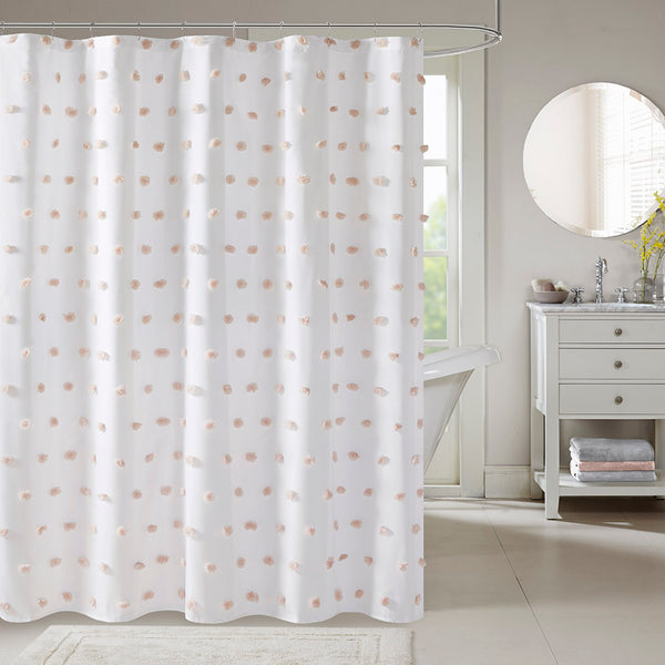 JLA Home Madison Park - Shower Curtain with Soft Fabric Pom-Poms on White Ground — Textured, Machine-Washable 72"x72" Blush MP70-7471