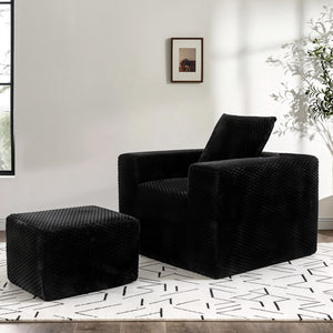 English Elm Boneless Corduroy Lounge Chair with Ottoman High Back Accent Pillow No Assembly Black W5385P433290