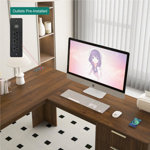 English Elm L Shaped Corner Desk with Storage Cabinet Built in Charging Station Home Office W1321S00037