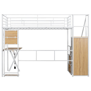 English Elm Twin Metal Loft Bed with Desk, Wardrobe & LED Lighting — Space-Saving Twin Loft with Storage Staircase GX000662AAK