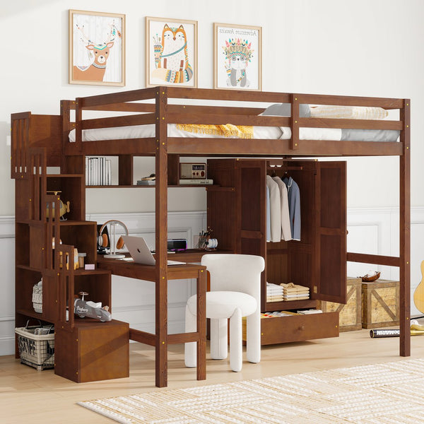 English Elm Twin Over Full Bunk Bed Solid Pine Frame with Built-in Slide and Storage Staircase Walnut W504S00286