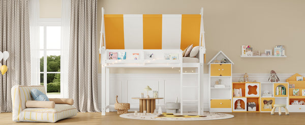 English Elm Twin Solid Wood Loft Bed with Led Lights Canopy Bookshelf for Kids Bedroom White N7090002241K