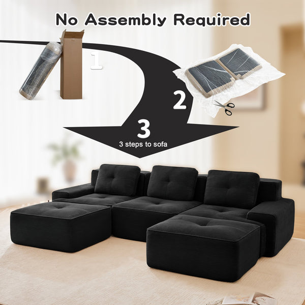 English Elm 117" Modern U-Shaped Modular Sectional Sofa, Black Corduroy, Deep Seat & Movable Ottoman, No Assembly! W714S01478