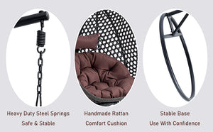 English Elm 76.8-inch Hand Woven Rattan Egg Swing Chair Indoor Outdoor with Cushion Lumbar Pillow Black W1512P498596