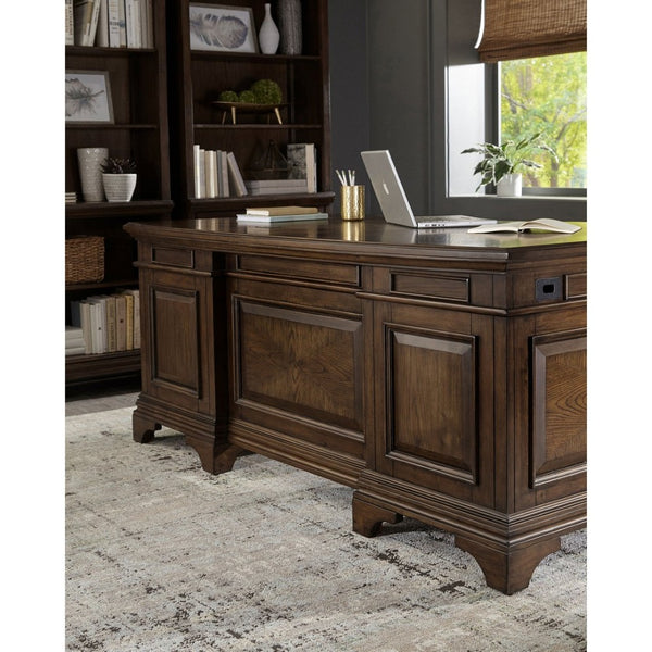 English Elm Stigham Burnished Oak Executive Desk With 7 Drawers, Elegant Bronze Hardware & Ample Storage Space B062S00800-GIGA