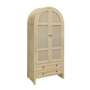 English Elm 70.28" Tall Arched Kitchen Pantry - Elegant Storage Cabinet With Adjustable Shelves & Rattan Door Design W688P204449