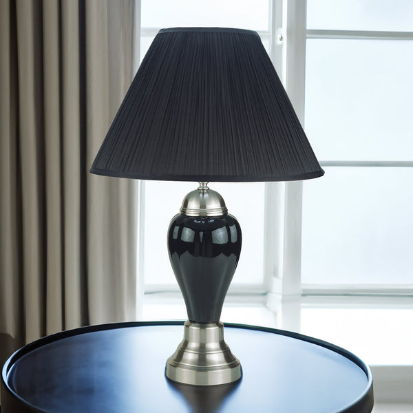English Elm 1pc Elegant Crafted Table Lamp with Glossy Base and Metallic Accents, Pleated Shade, Modern Glow Black 23.62 L x 17.91 W x 17.64 H B2741S00037