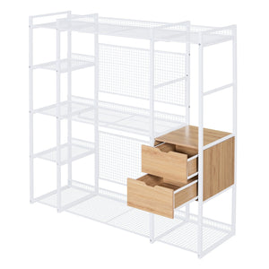 English Elm Open-Style Wardrobe Storage System with Heavy-Duty Metal Frame, Rails, Shelves & Drawers - Sleek Durable Design for Organized Living White SF000087AAK