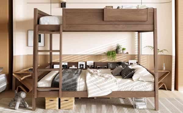 English Elm Queen Over Bunk Bed Pine Frame with Built in Shelving Detachable Vintage Style Wood W5316S00016