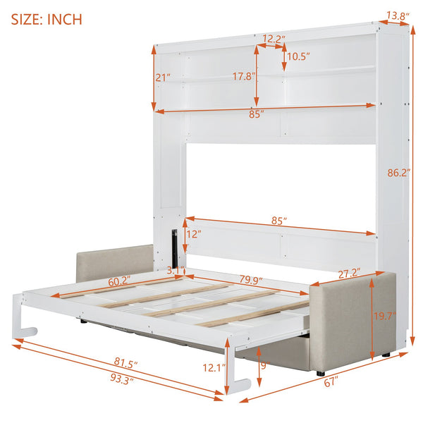 English Elm Queen Murphy Wall Bed with Integrated Sofa Linen Upholstered for Studio Apartments White LP000892AAK-1