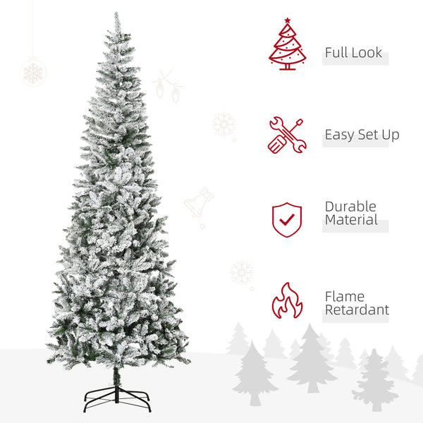 English Elm Homcom 9Ft Slim Snow-Flocked Pine Christmas Tree With Realistic Branches & Easy Setup For Tight Spaces W2225P229295