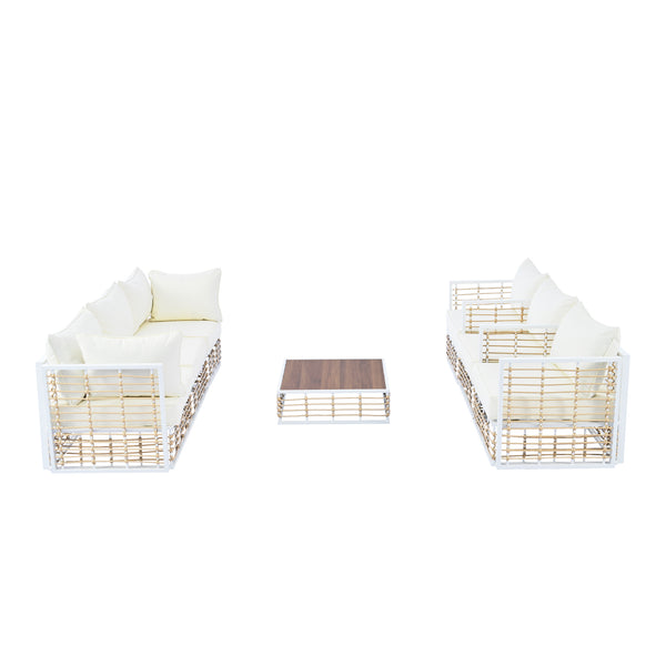 English Elm TOPMAX Modern Minimalist 7-Piece Metal Patio Sectional Sofa Set with All-Weather Rattan, Cushions and Coffee Table for Versatile Indoor Outdoor Entertaining White SP100026AAK