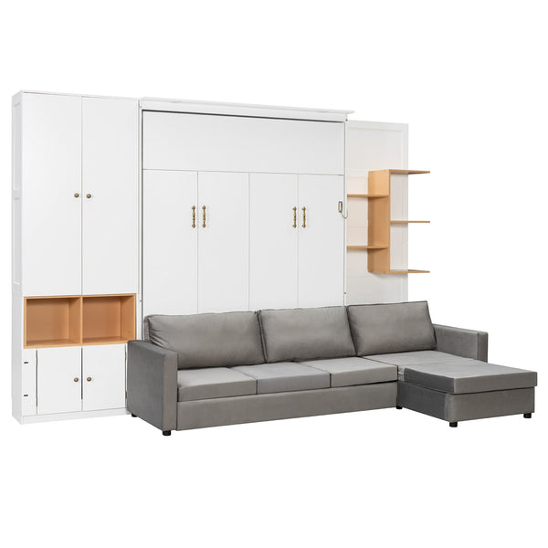 English Elm Queen Murphy Wall Bed with Velvet Sofa Built in Shelves Cabinets and Reading Lights White LP000393AAK