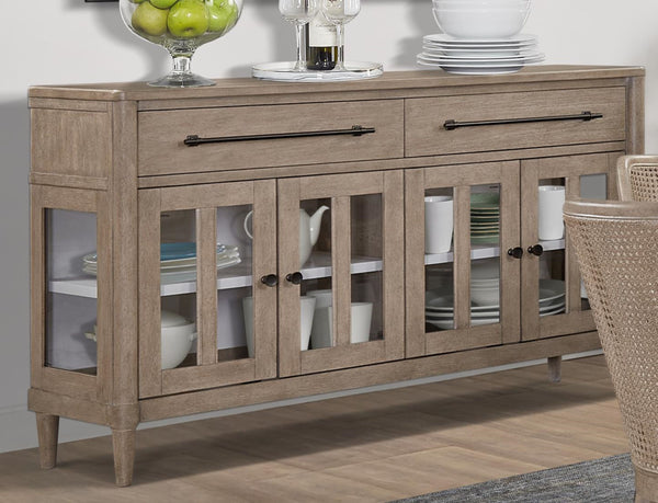 English Elm Power Raedy Sand Buffet with Glass Doors, Solid Wood/MDF, Power-Ready, 2 Drawers & Adjustable Shelf B2699P224826