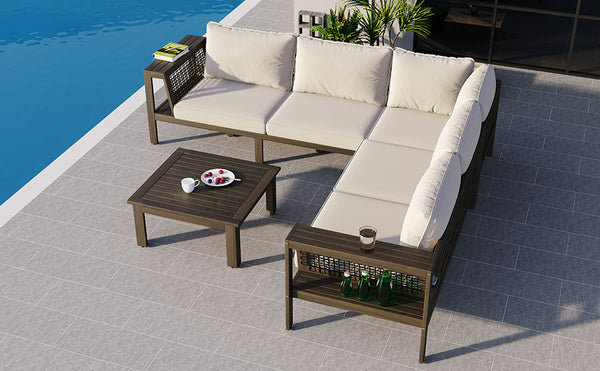 English Elm GO 4 Pieces Outdoor Acacia Wood Sofa Set with Removable Cushions, Woven Armrests & Coffee Table Beige,Grayish Brown N704G201249A