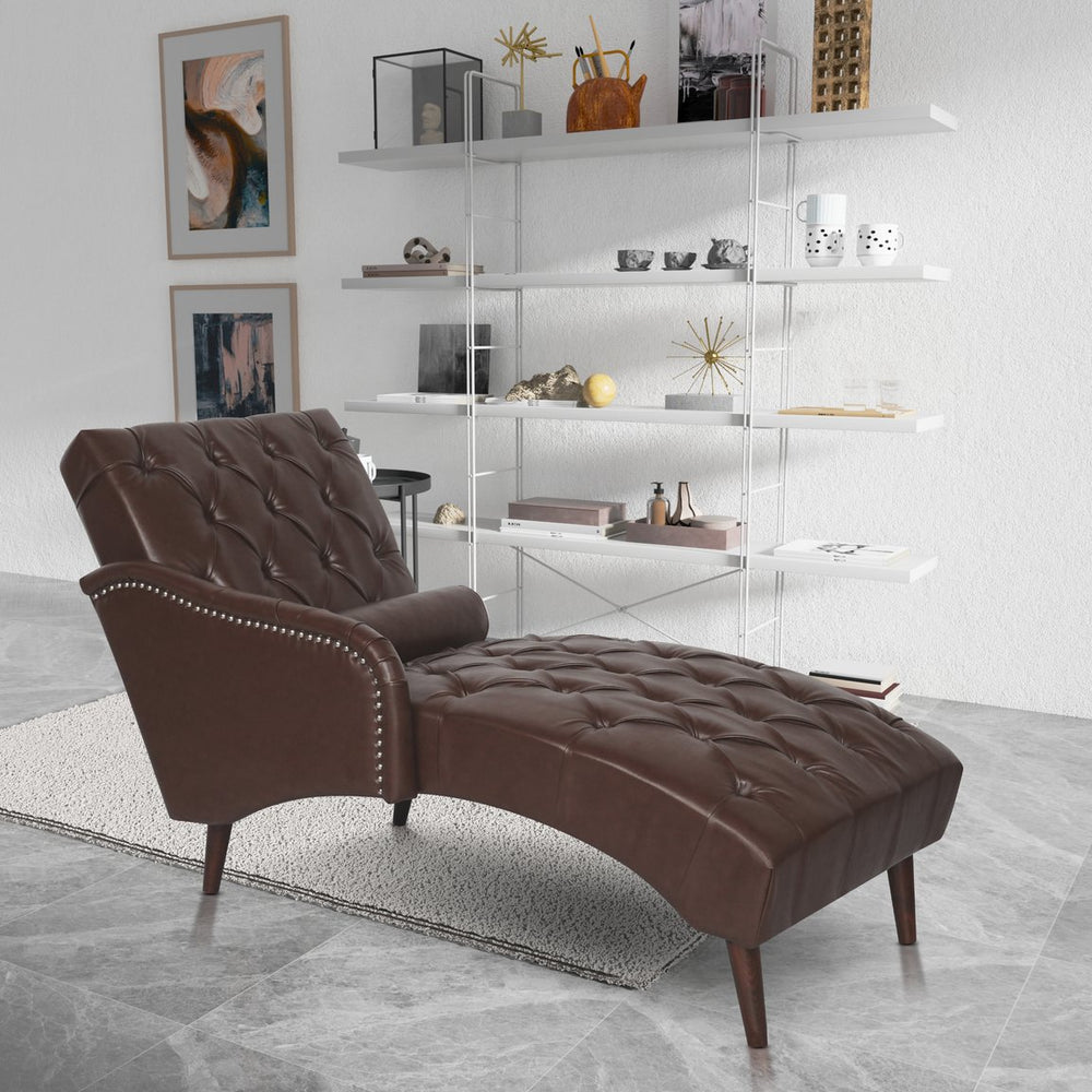English Elm Chaise Lounge Chair Tufted Pu Leather Upholstered Accent Seat for Bedroom Living Room Dark Brown W680P415487