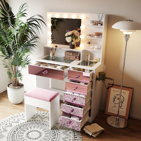 English Elm Vanity Desk with Hollywood Bulbs Glass Top Pink Glam Drawers and Cushioned Stool N704P340246K