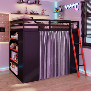 English Elm Full Size Wood Loft Bed with Wardrobe Desk Shelves Rgb Lighting and Blackout Curtains Black+Red LT000269AAJ-1