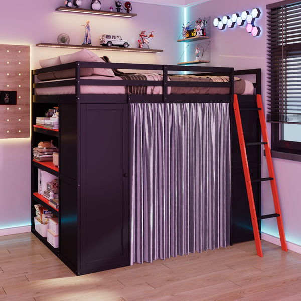 English Elm Full Size Wood Loft Bed with Wardrobe Desk Shelves Rgb Lighting and Blackout Curtains Black+Red LT000269AAJ-1