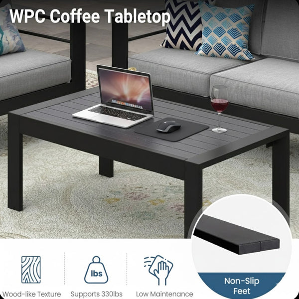 English Elm 4-piece Aluminum Outdoor Conversation Set with Rust-proof Matte Frame and Wpc Coffee Table Blue B082S00094