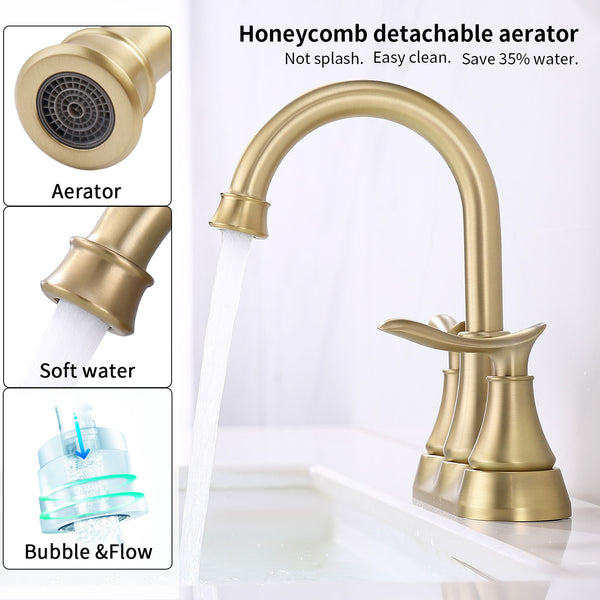 English Elm 2-Handle Brushed Gold Bathroom Faucet - Modern 4-Inch Vanity Sink Mixer With Pop-Up Drain & Hoses T3177P277470