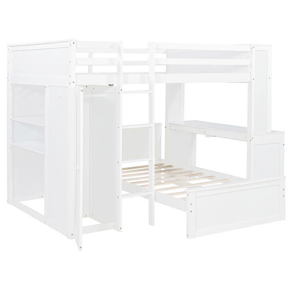 English Elm Full Twin Loft Bed with Desk Wardrobe Shelves Pine Wood Frame Kids Bedroom White LT000821AAK-1