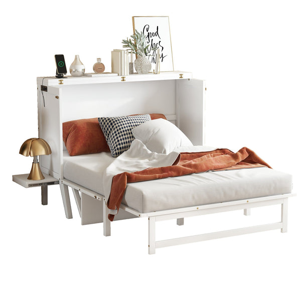 English Elm Full Size Murphy Cabinet Bed Solid Pine with Usb Charging Desk Home Office W504S00166