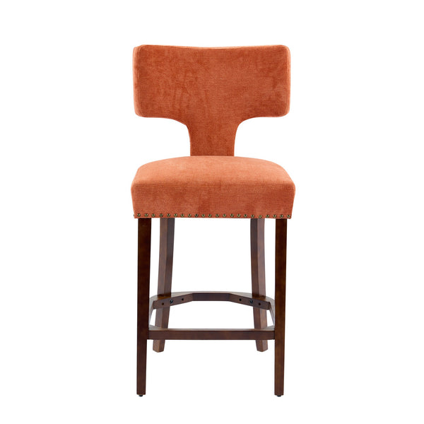 English Elm Mid Curved Backrest Bar Stools Set of 2 with Copper Nail Trim, High-Density Foam & Walnut Legs Orange W1143P296349