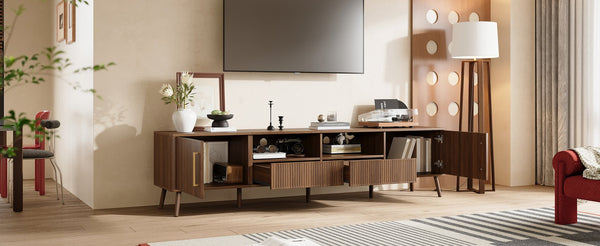 English Elm 78 Inch Walnut Entertainment Center Fluted Doors Solid Wood Legs for Living Room N710P372538P