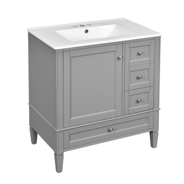 English Elm 30 30 Inch Bathroom Vanity with Ceramic Sink, Modern Compact 3-Drawer Storage Cabinet for Small Baths Grey N710P247499E