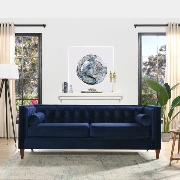 English Elm Jennifer Taylor Home - Jack 84" Modern Tuxedo Tufted Sofa in Plush Velvet with Shelter Arms, Reversible Cushions, Pillows Navy Blue B2719P238403