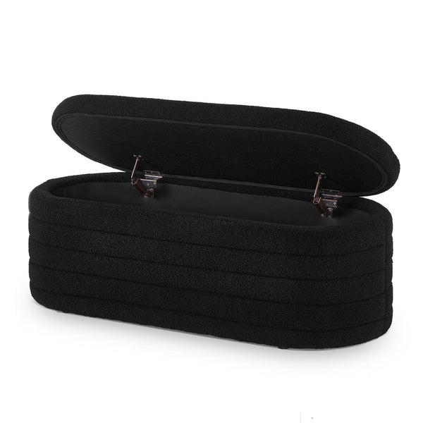 English Elm Modern Boucle Upholstered Oval Bench with Hinged Lid Storage for Bedroom Entryway Black W2186P193117